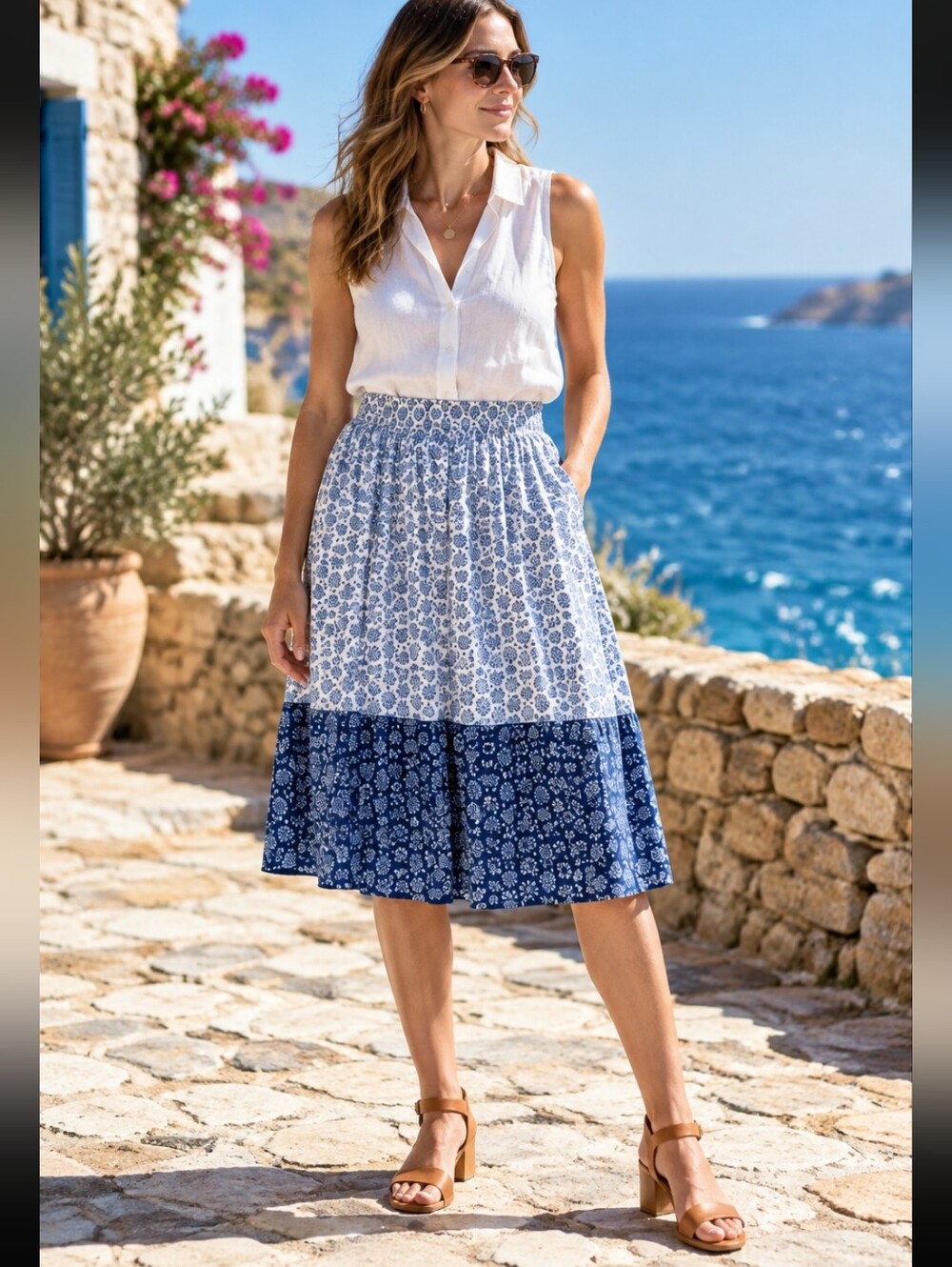 Croft & Barrow Blue Two-Tone Printed Midi Skirt Size PXXL